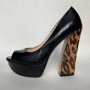 Black Platform Open Toe Shoe with Faux fur heel